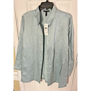 EILEEN FISHER LONG STAND COLLAR JACKET ORGANIC LINEN & SILK POOL BLUE SIZE S